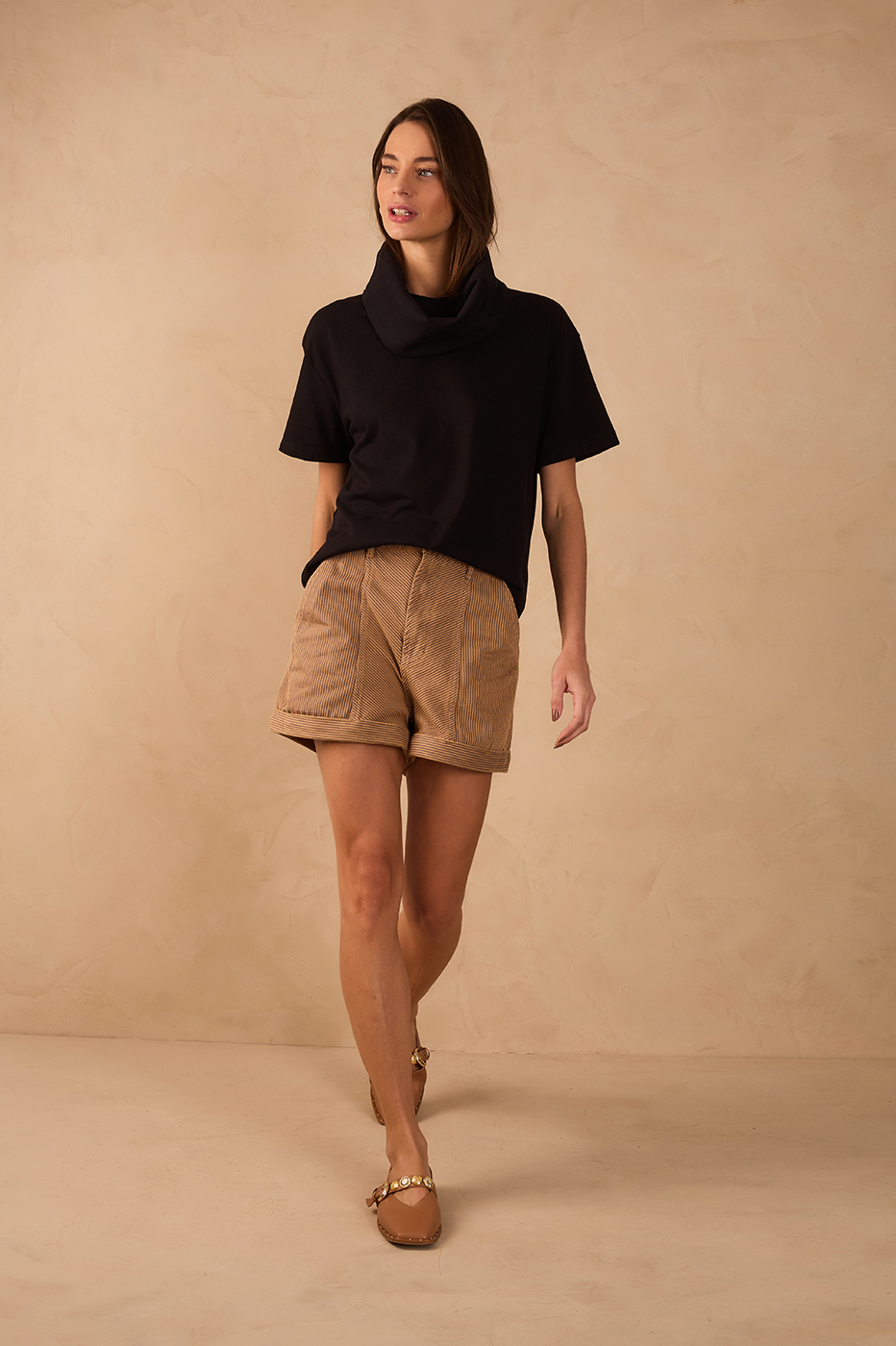 Beige Stripes Pockets Belt Loops Twill Shorts