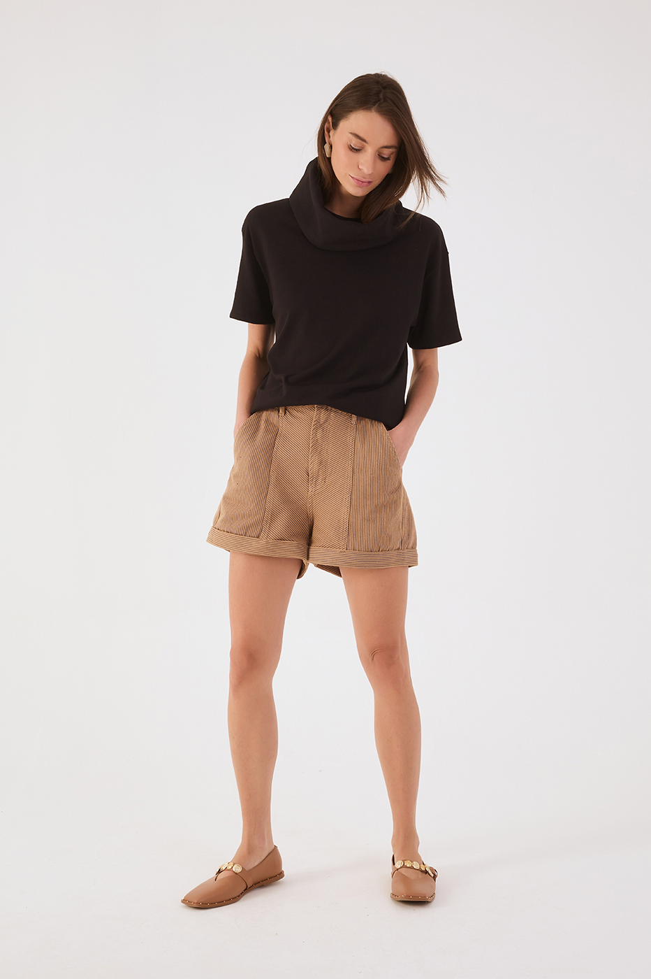 Beige Stripes Pockets Belt Loops Twill Shorts
