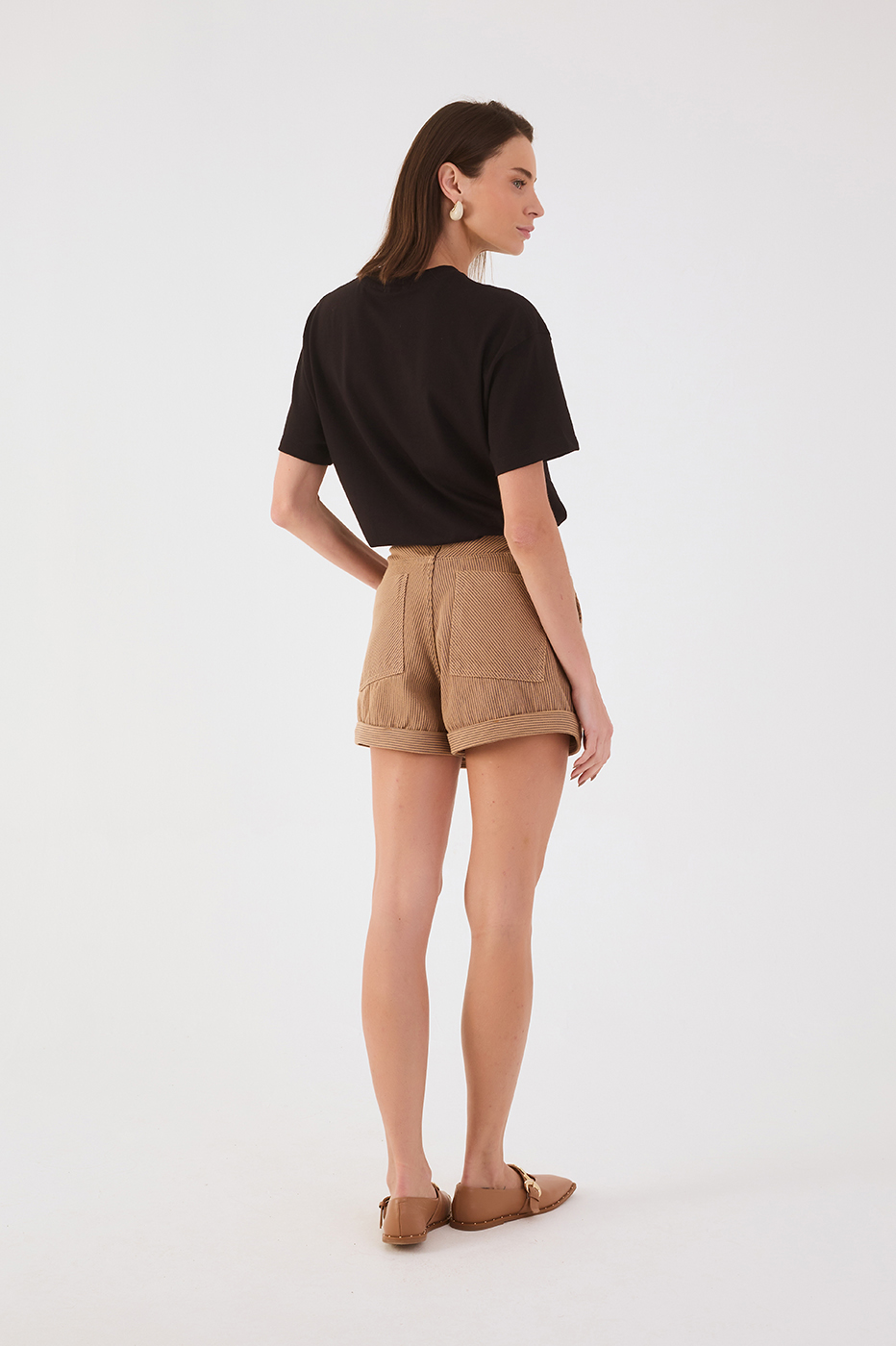 Beige Stripes Pockets Belt Loops Twill Shorts