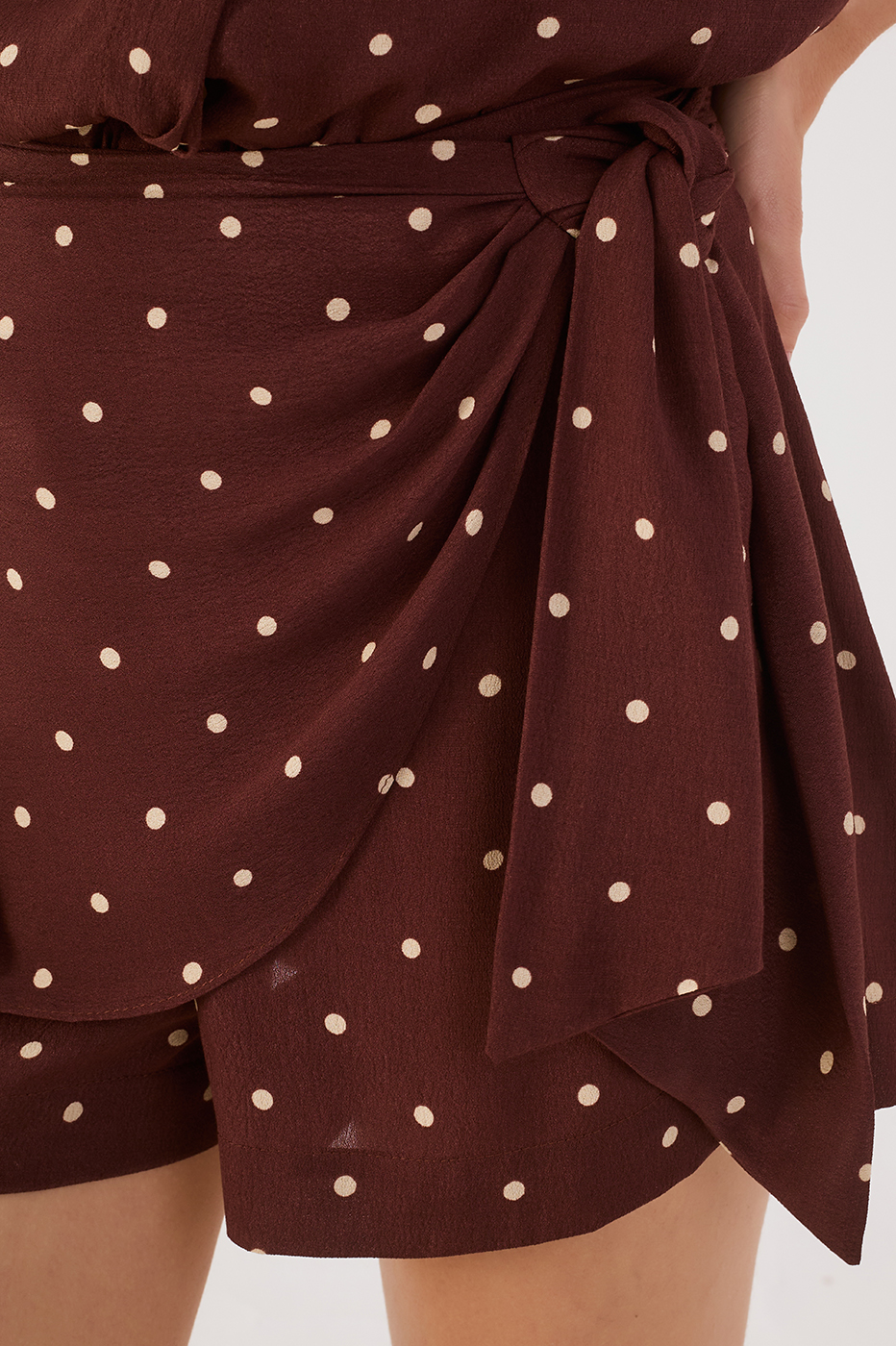 Brown Noite Side Ties Wrap Crepe Shorts
