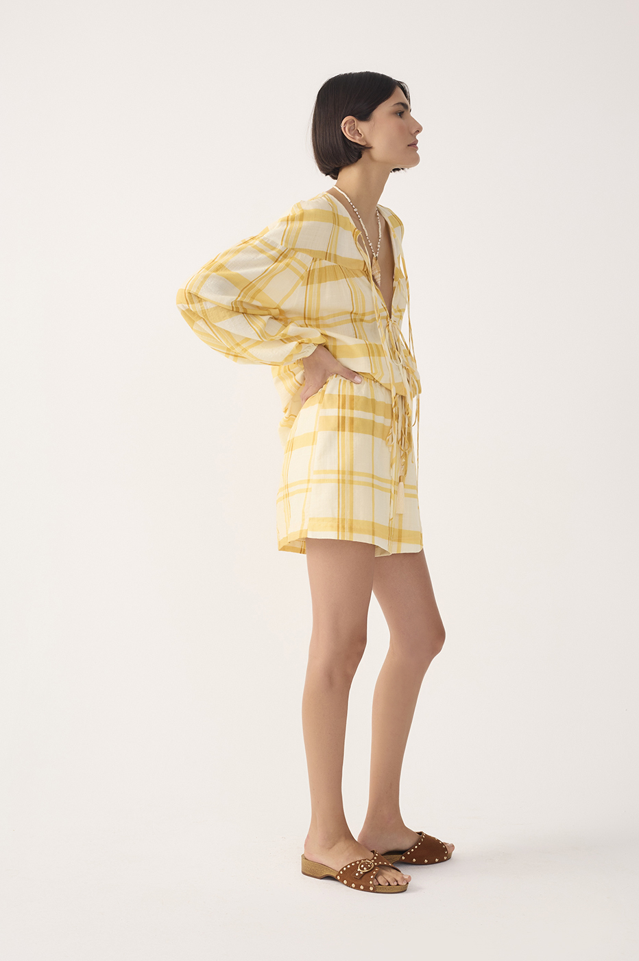 Yellow Frescor Plaid Drawstring Shorts_4