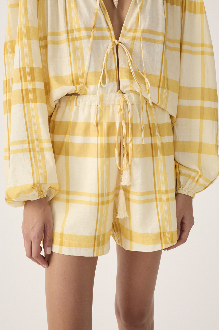 Yellow Frescor Plaid Drawstring Shorts_5