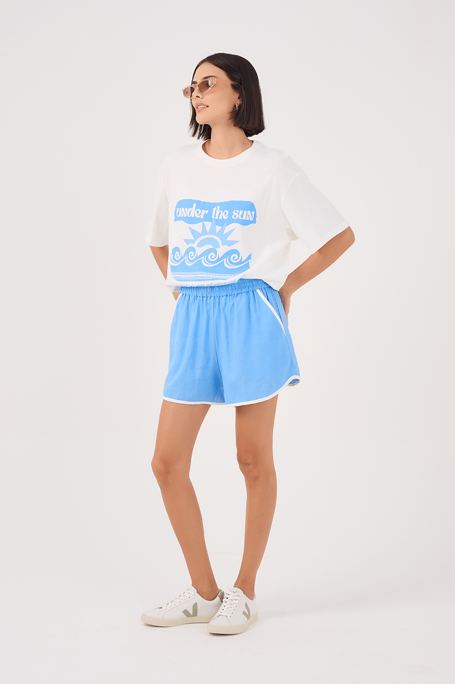 Blue Elastic Waist Shorts with Contrast Piping_2