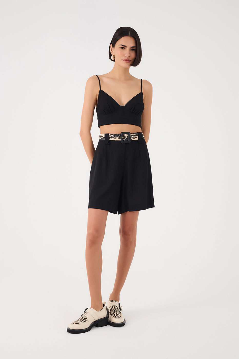 Black Buttoned Waist Side Pockets Bermuda Shorts