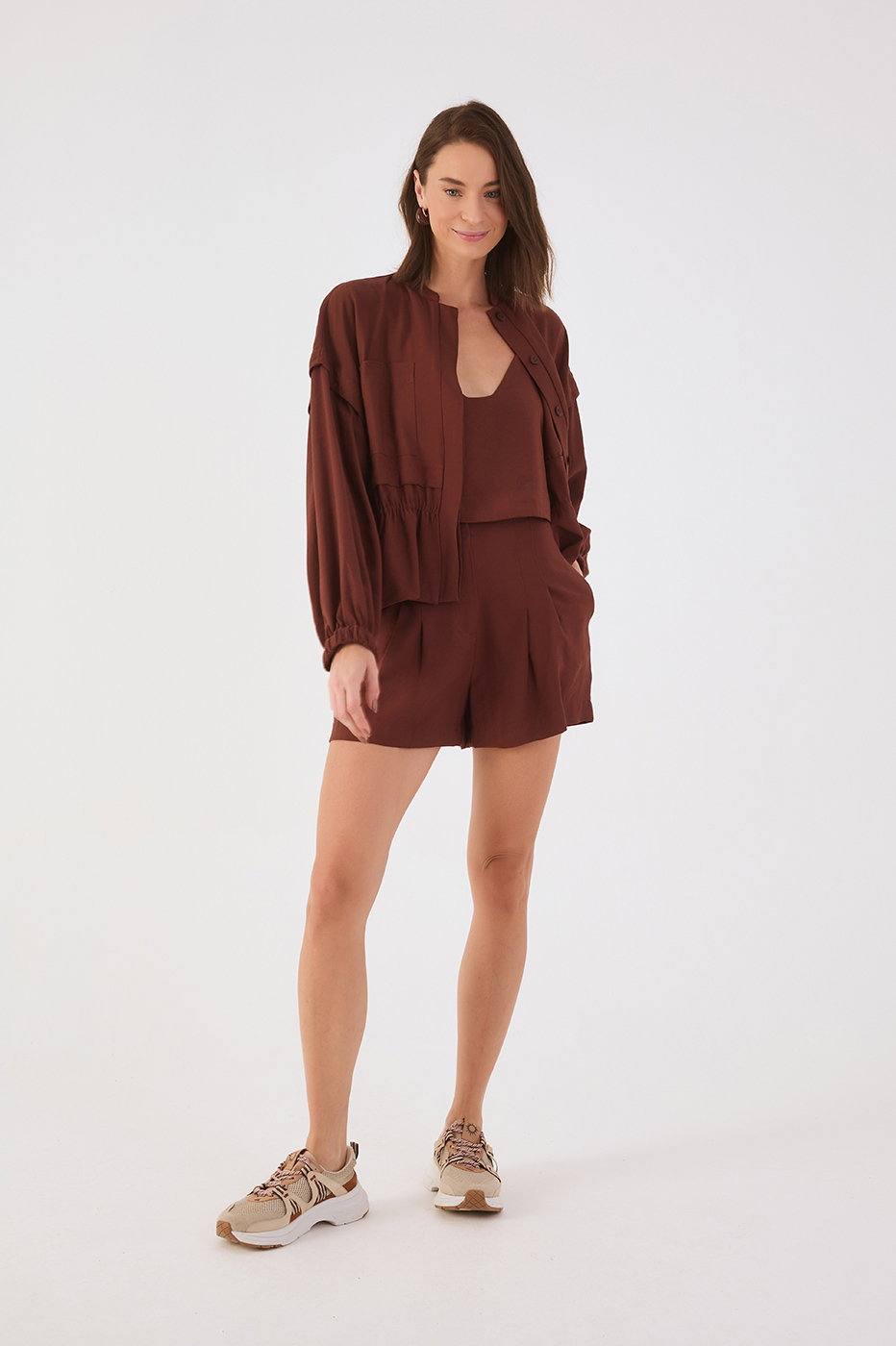 Brown Caffeine Pleats Pockets Tailored Shorts
