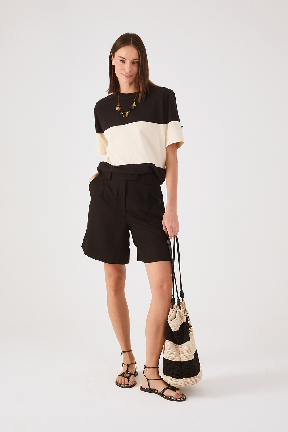 Black Belt Loops Pockets Linen Bermuda Shorts