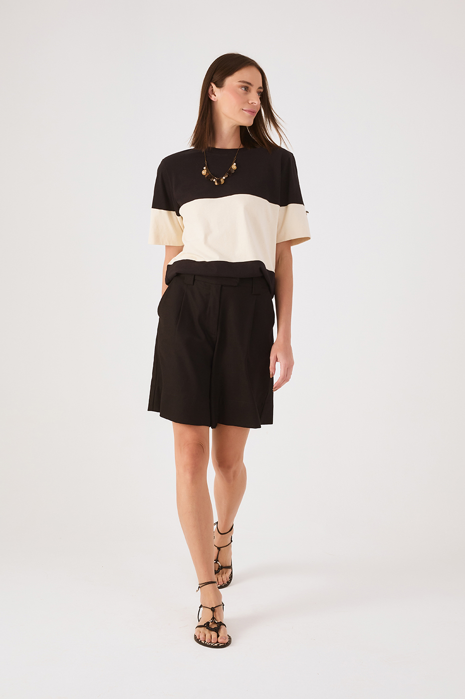 Black Belt Loops Pockets Linen Bermuda Shorts