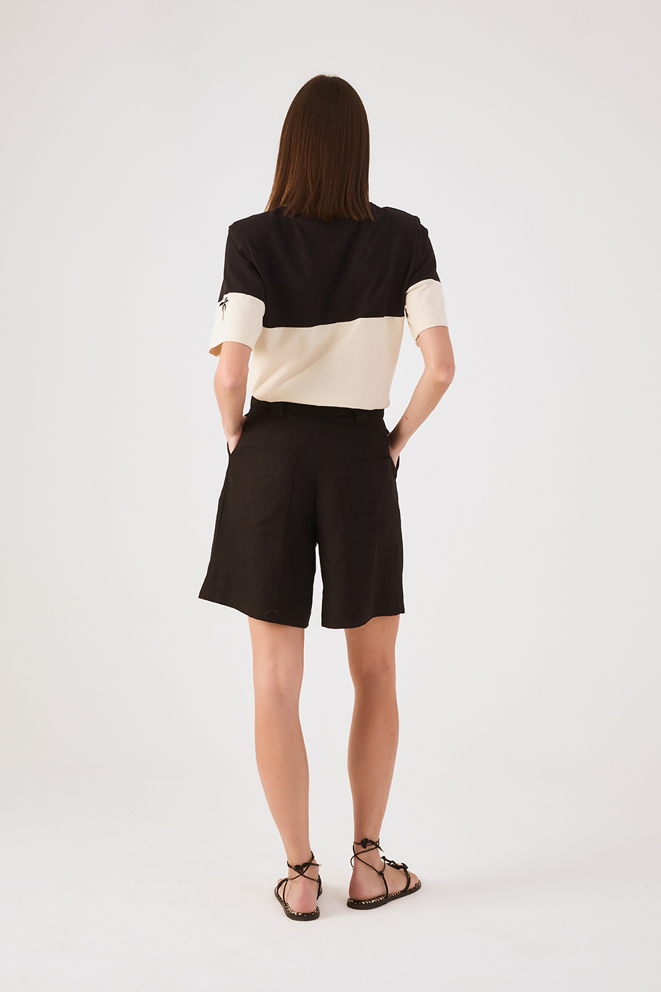 Black Belt Loops Pockets Linen Bermuda Shorts