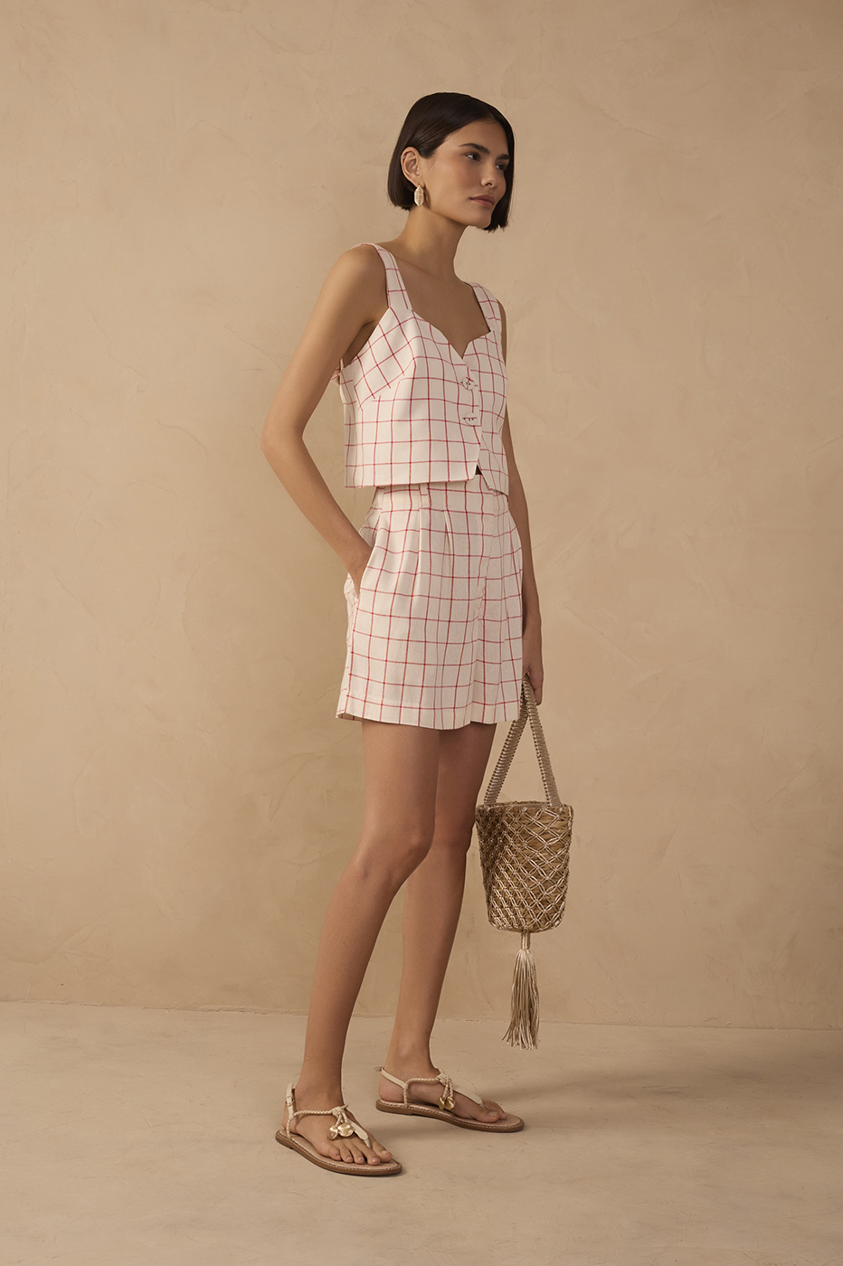 pleated dress shorts Off-White Plaid Linen LAUREN-WOLFE oversized silhouette with a 66208: Allover Lace Fit Color:PARIS-BLUE
