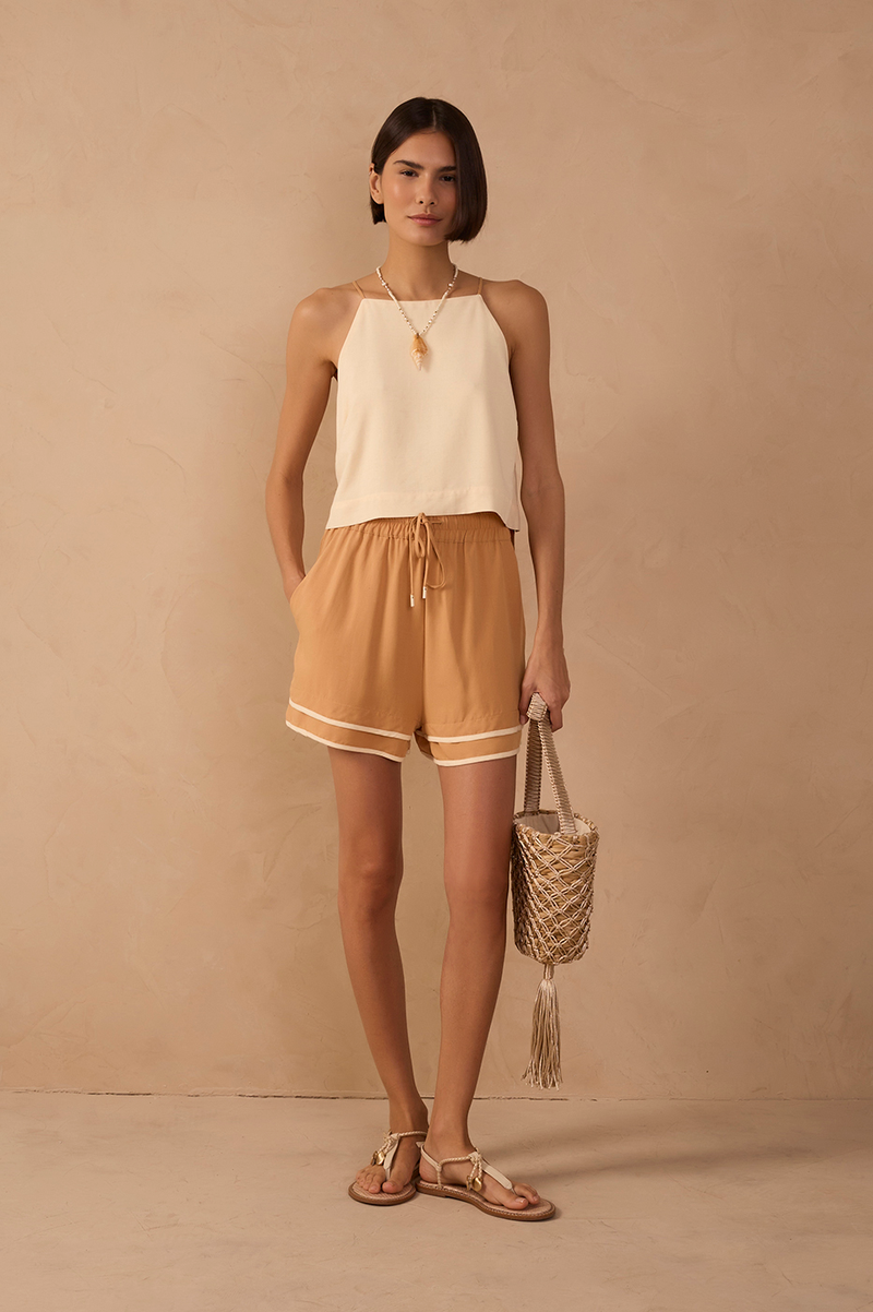 Beige Bicolor Drawstring Pockets Shorts_1
