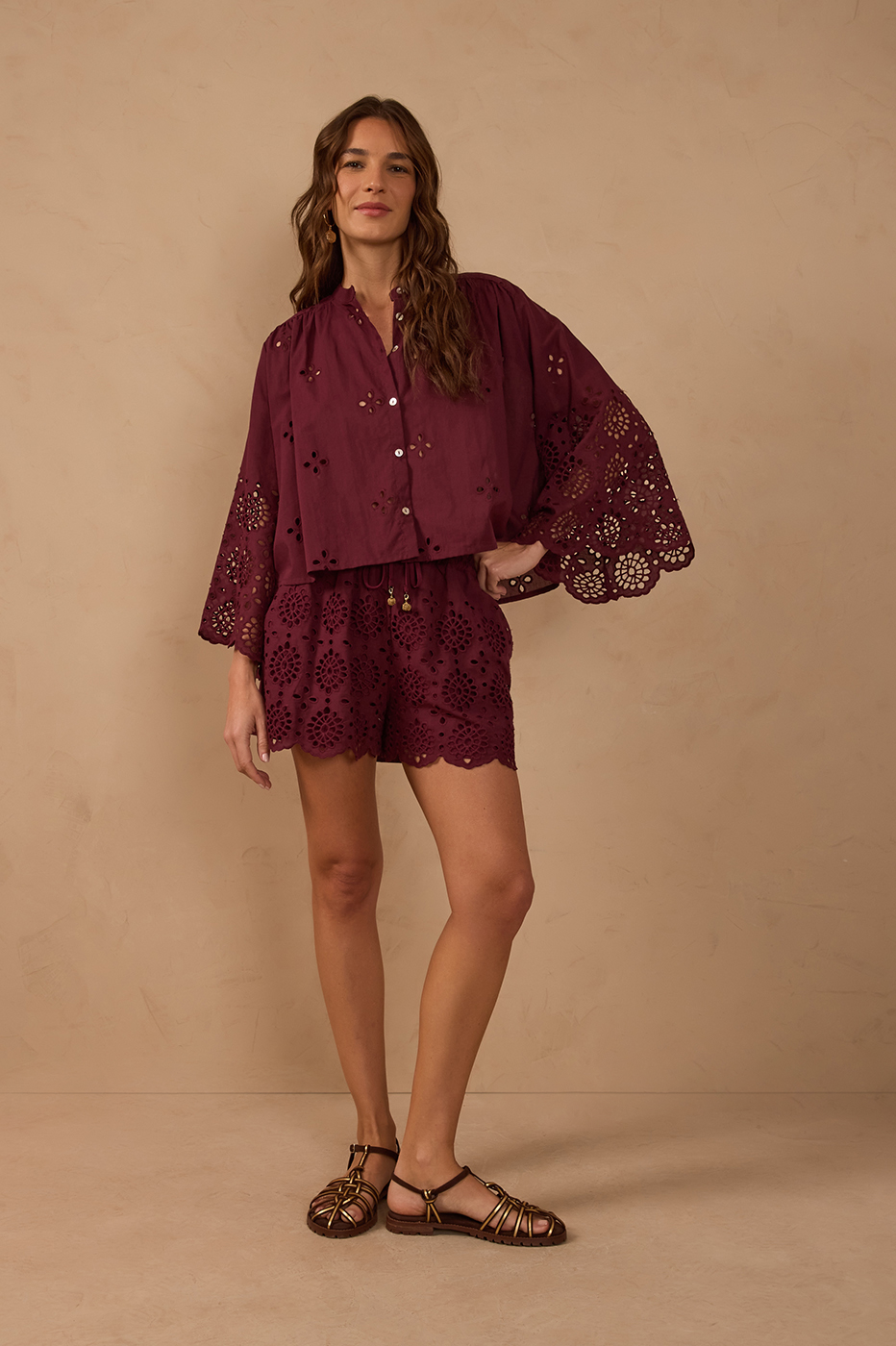 Embroidered Drawstring Wavy Hem Shorts in Autumn Wine