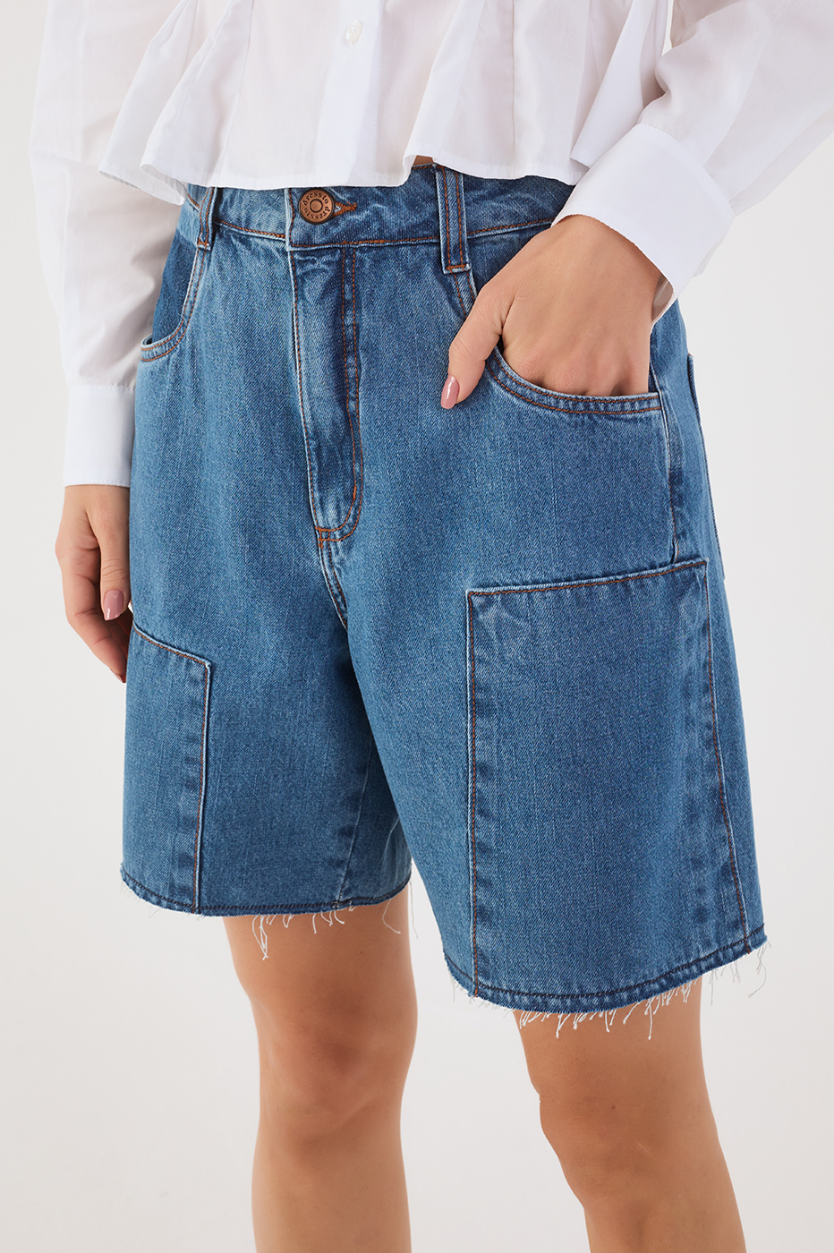 Denim Pockets Belt Loops Bermuda Shorts