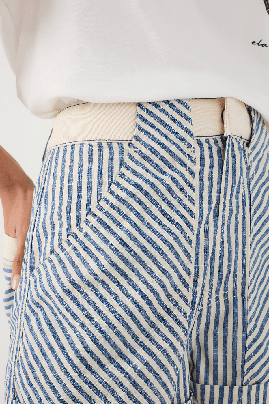 Blue Stripes Front Pockets Tailored Twill Shorts
