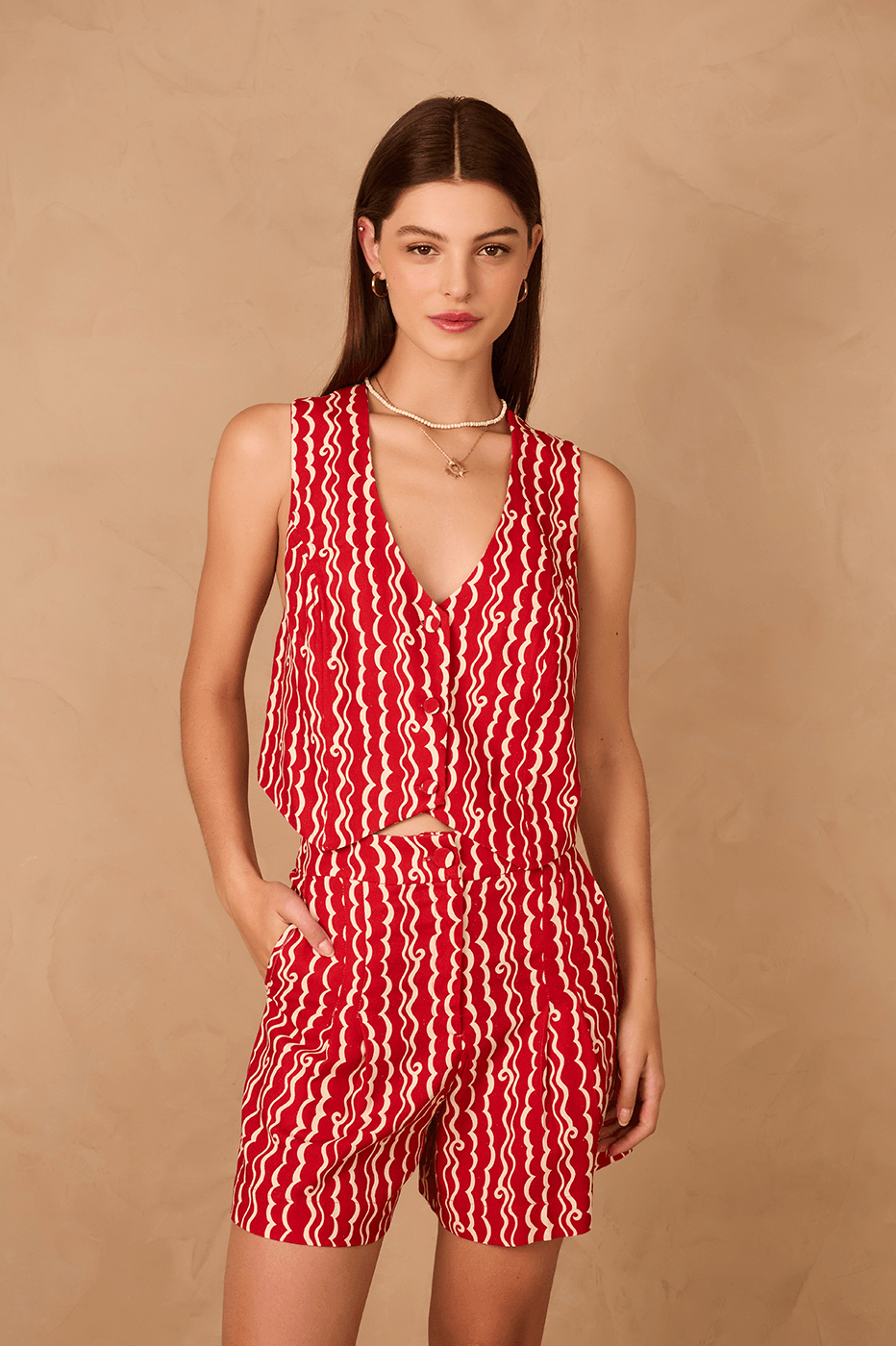 open lace back dress Red Atlantica Side Pockets Pleats Bermuda Shorts in Red Atlantica