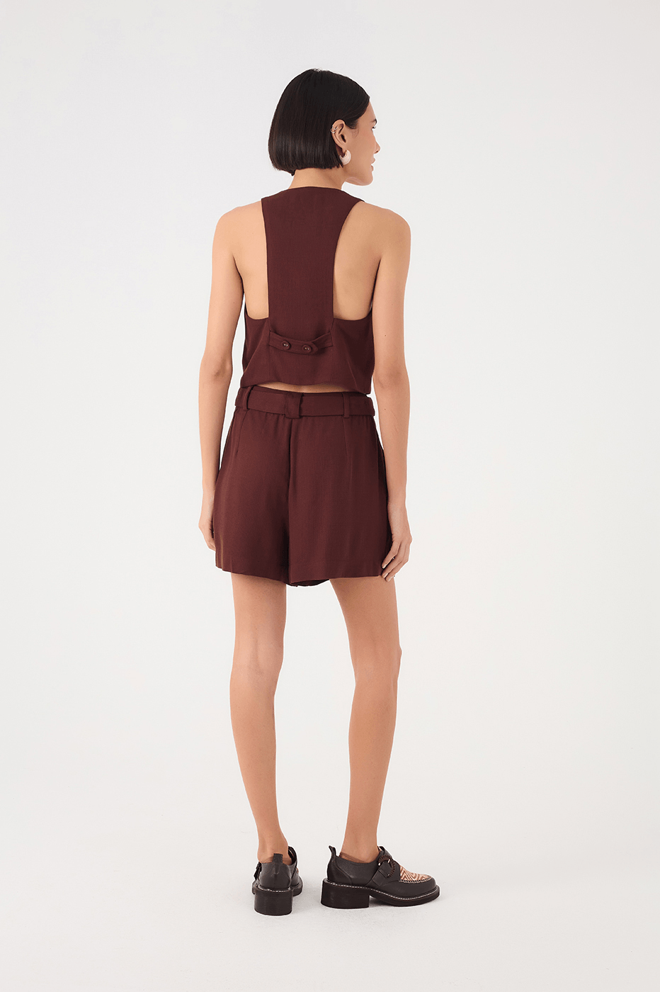 Brown Caffeine Buttoned Waist Side Pockets Tailored Shorts
