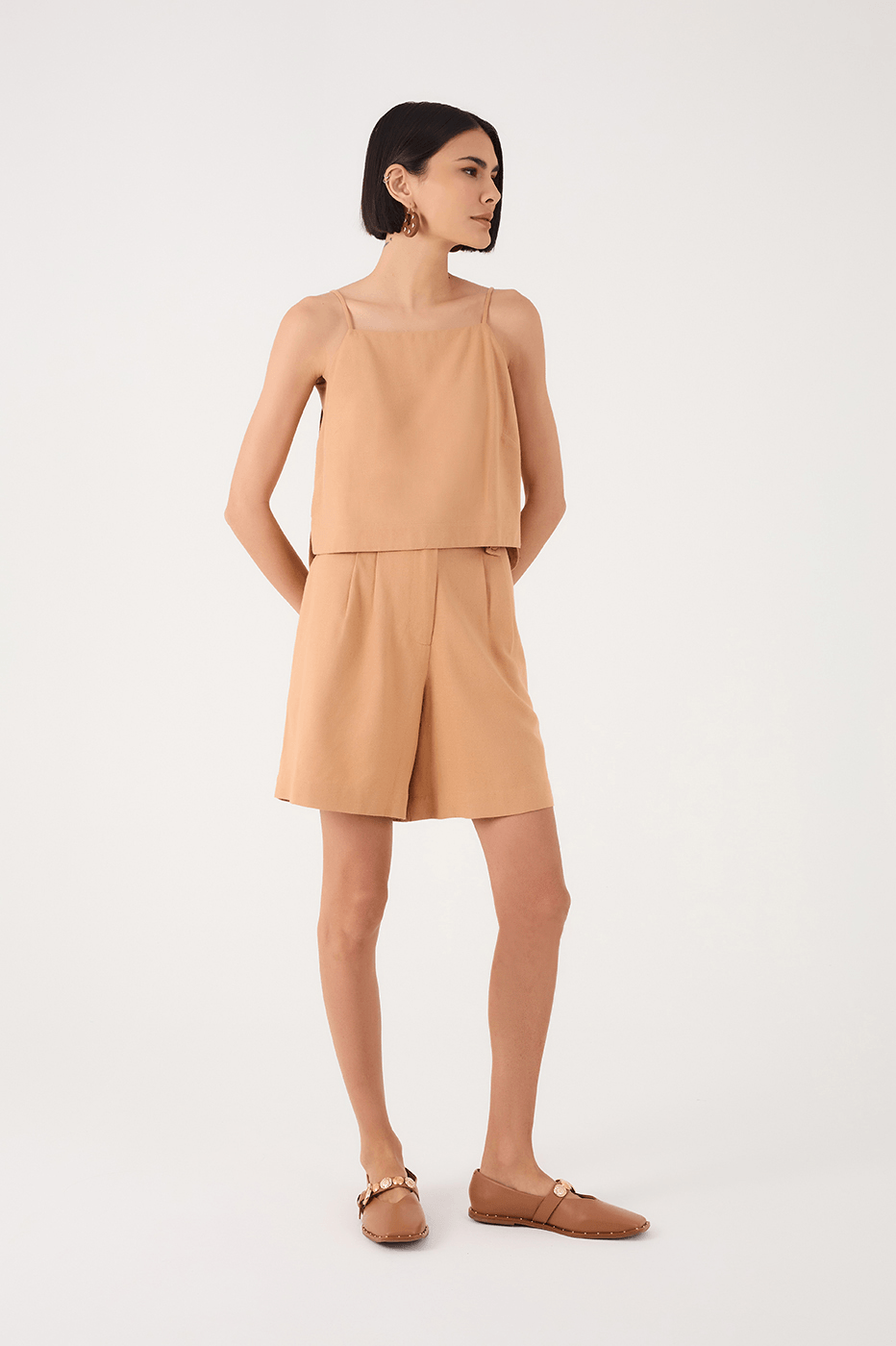 Beige Leme Buttoned Waist Side Pockets Bermuda Shorts