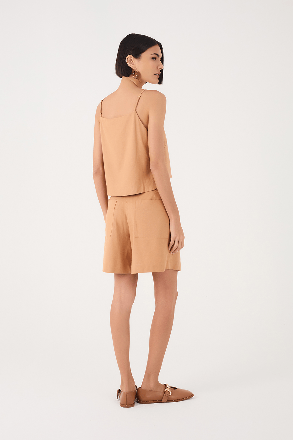 Beige Leme Buttoned Waist Side Pockets Bermuda Shorts