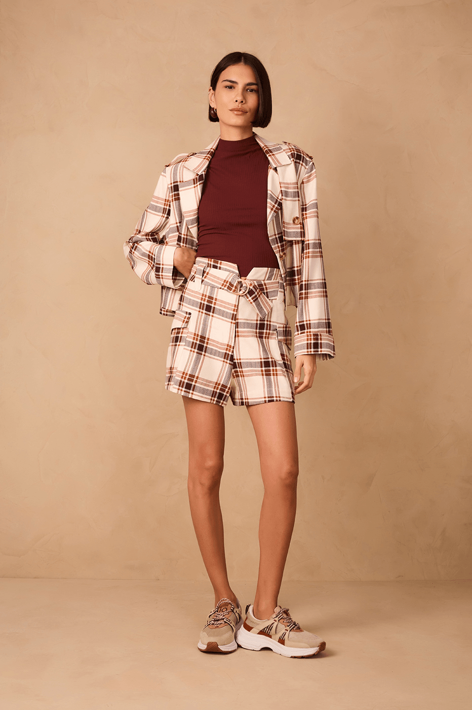 Brown Plaid Buckled Belt Side Pockets Shorts
