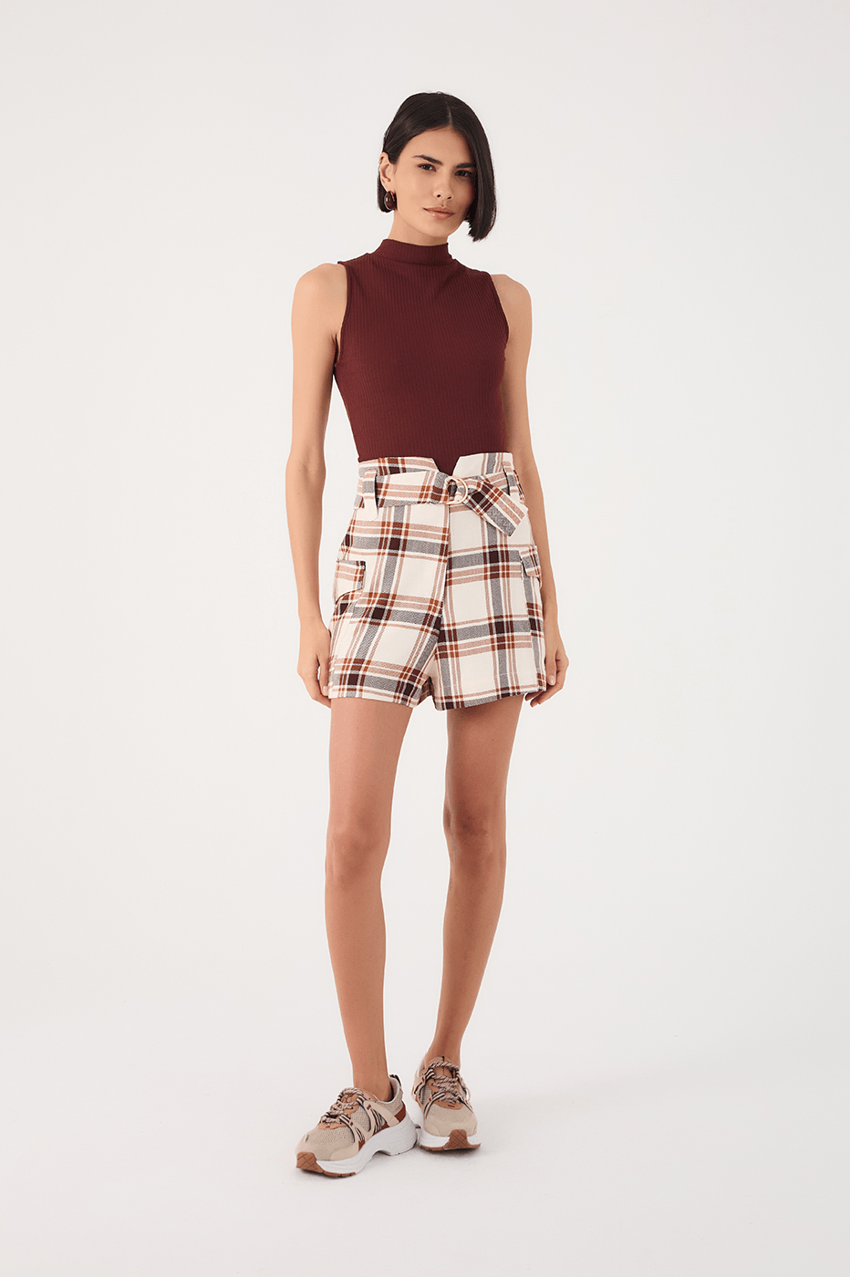 Brown Plaid Buckled Belt Side Pockets Shorts