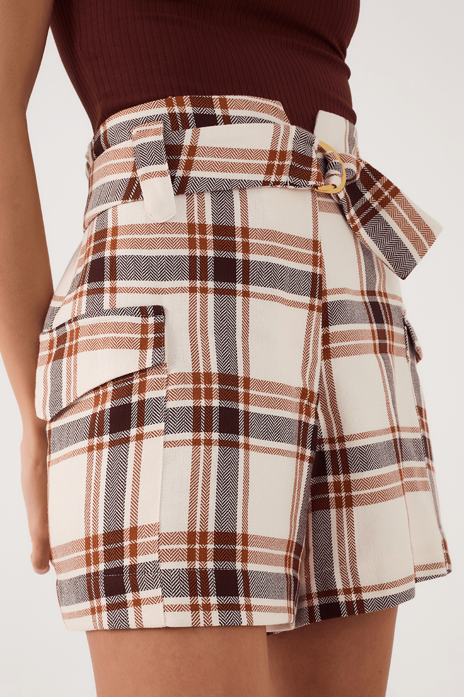 Brown Plaid Buckled Belt Side Pockets Shorts