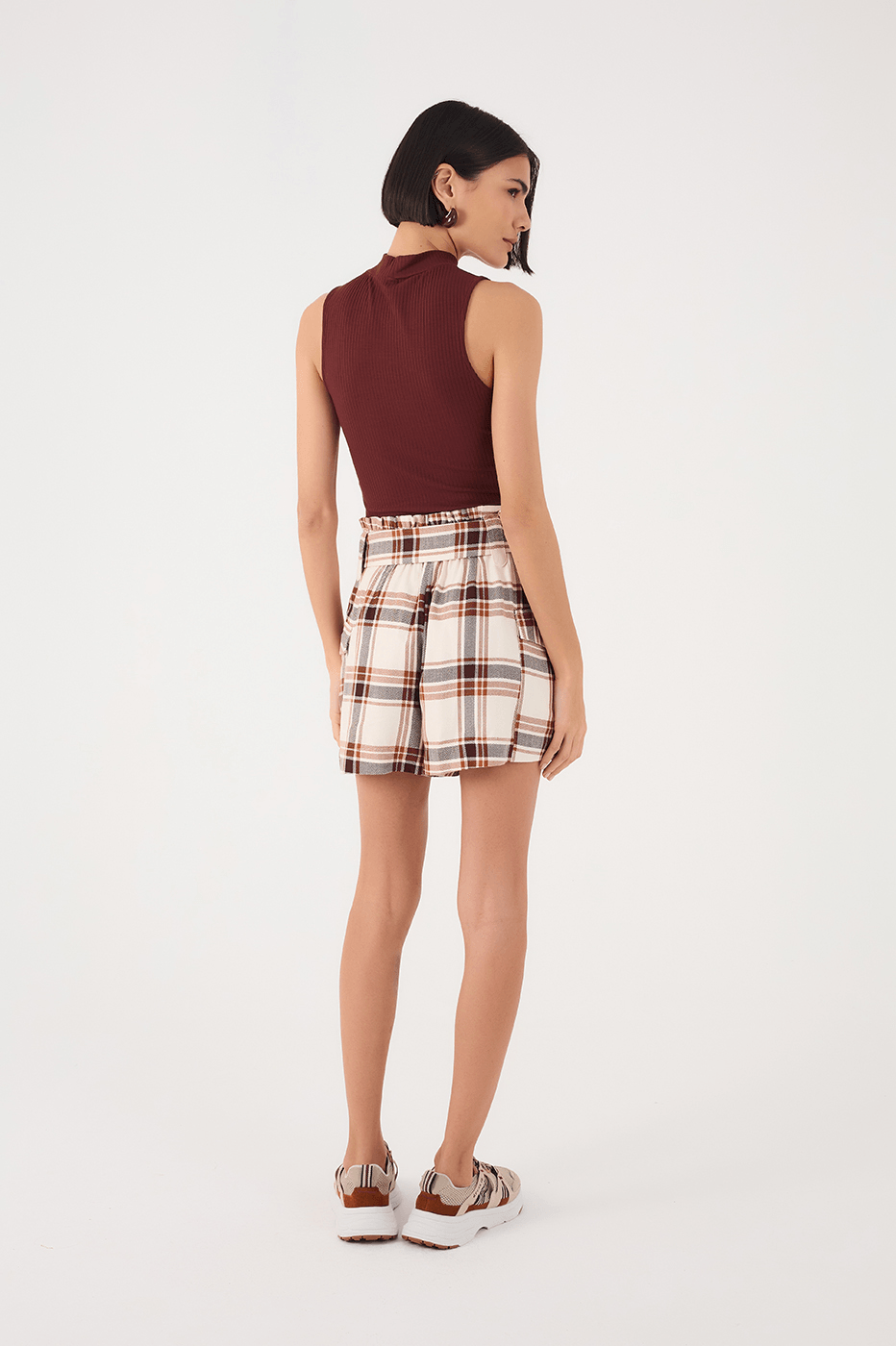 Brown Plaid Buckled Belt Side Pockets Shorts
