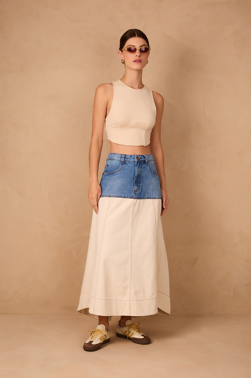 Denim Bicolor Pockets Twill Maxi Skirt_1