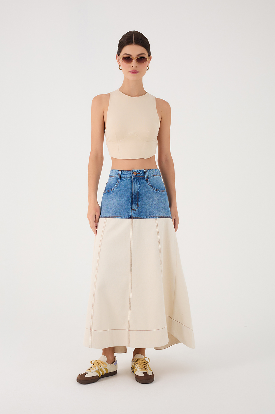 Denim Bicolor Pockets Twill Maxi Skirt