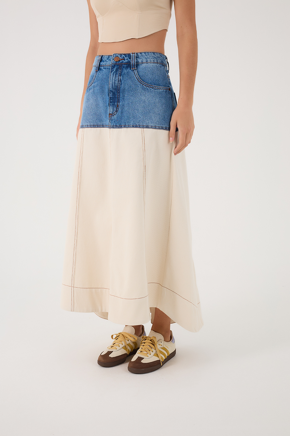 Denim Bicolor Pockets Twill Maxi Skirt