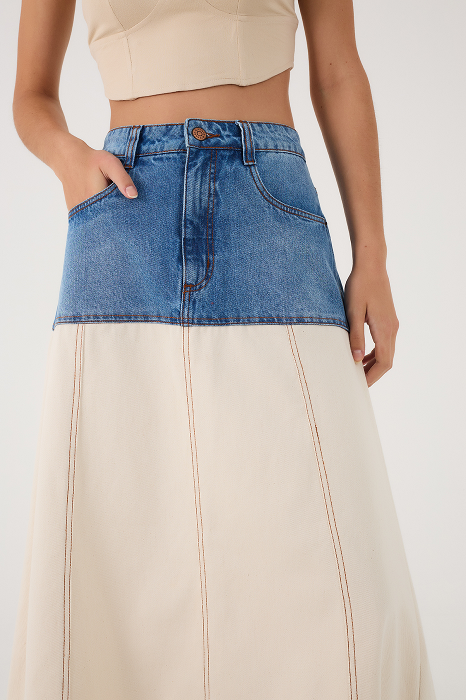 Denim Bicolor Pockets Twill Maxi Skirt