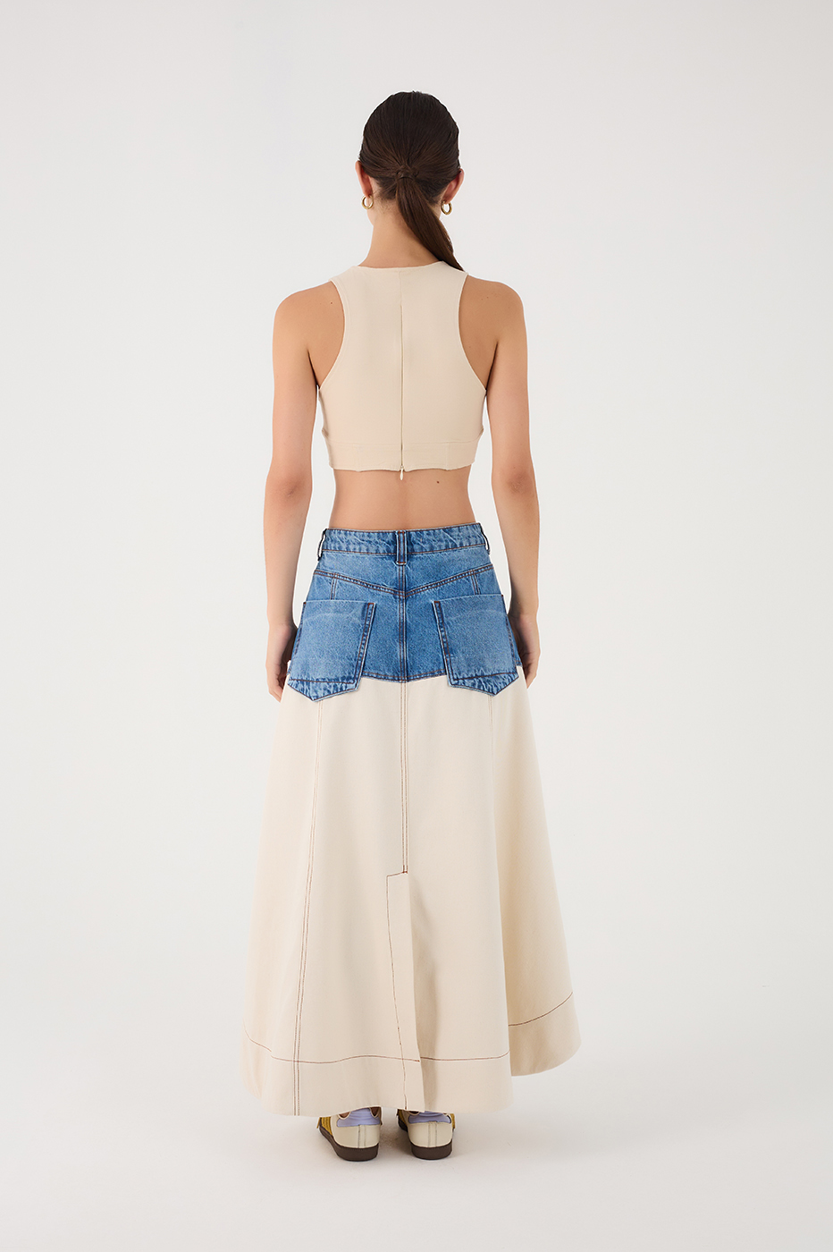 Denim Bicolor Pockets Twill Maxi Skirt
