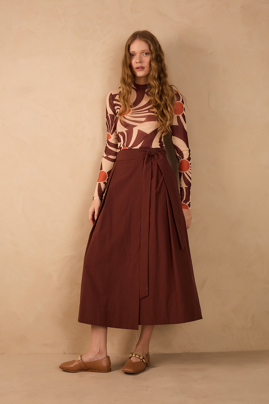 Brown Front Ties Cotton Wrap Maxi Skirt