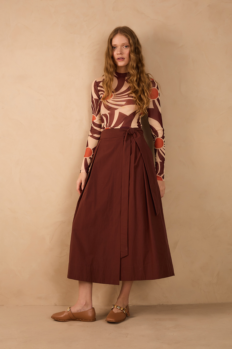 Brown Front Ties Cotton Wrap Maxi Skirt_1