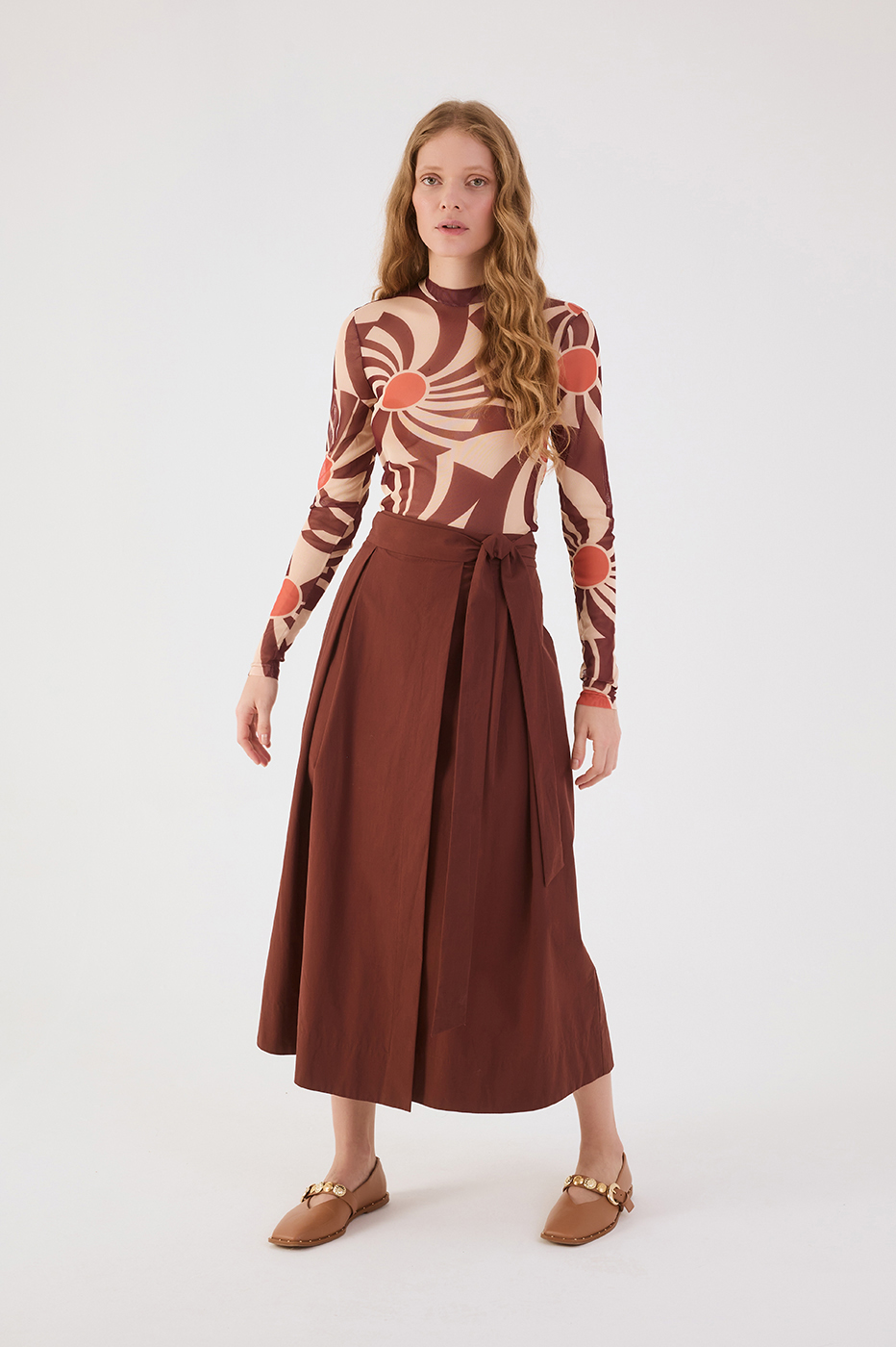 Brown Front Ties Cotton Wrap Maxi Skirt