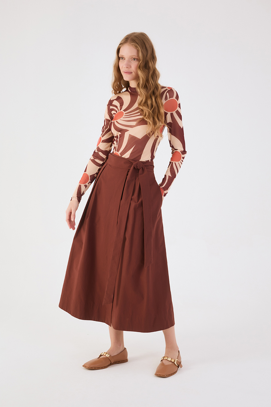 Brown Front Ties Cotton Wrap Maxi Skirt