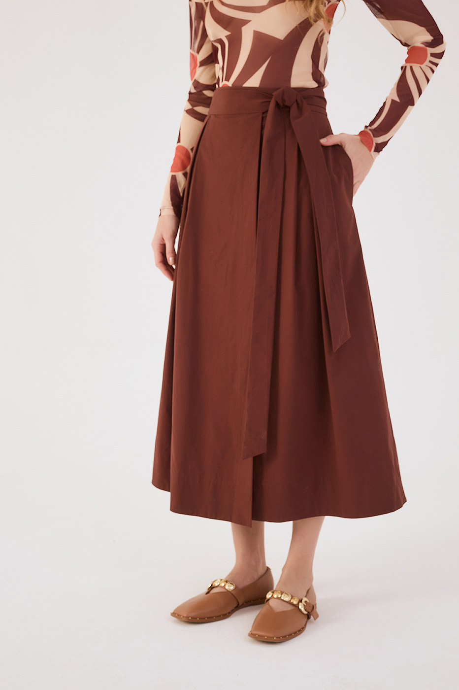 Brown Front Ties Cotton Wrap Maxi Skirt
