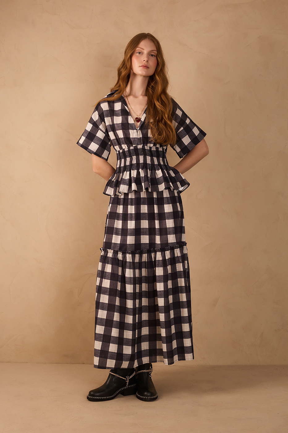 Black Plaid Adjustable Waistline Ruffle Maxi Skirt