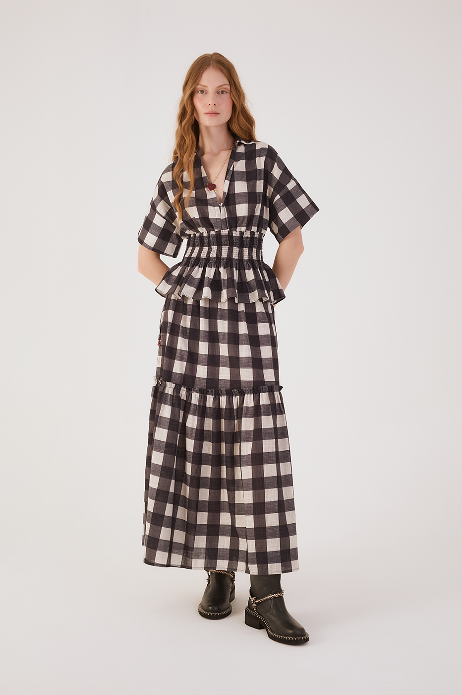 Black Plaid Adjustable Waistline Ruffle Maxi Skirt