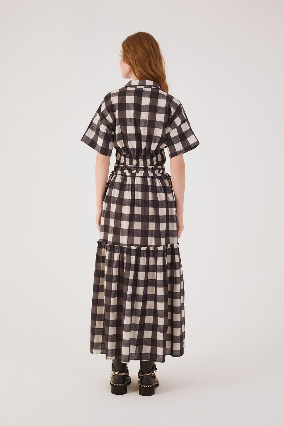 Black Plaid Adjustable Waistline Ruffle Maxi Skirt