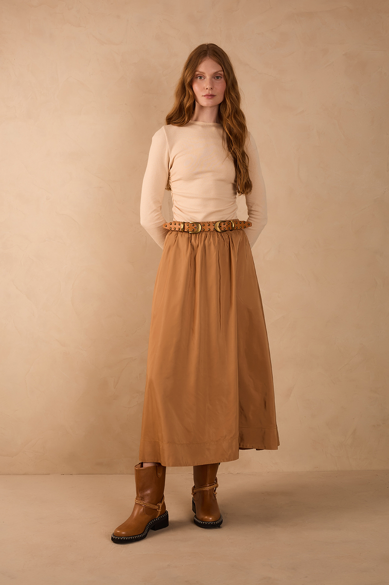 Beige Leme Elastic Waist Pockets Wide Maxi Skirt_1