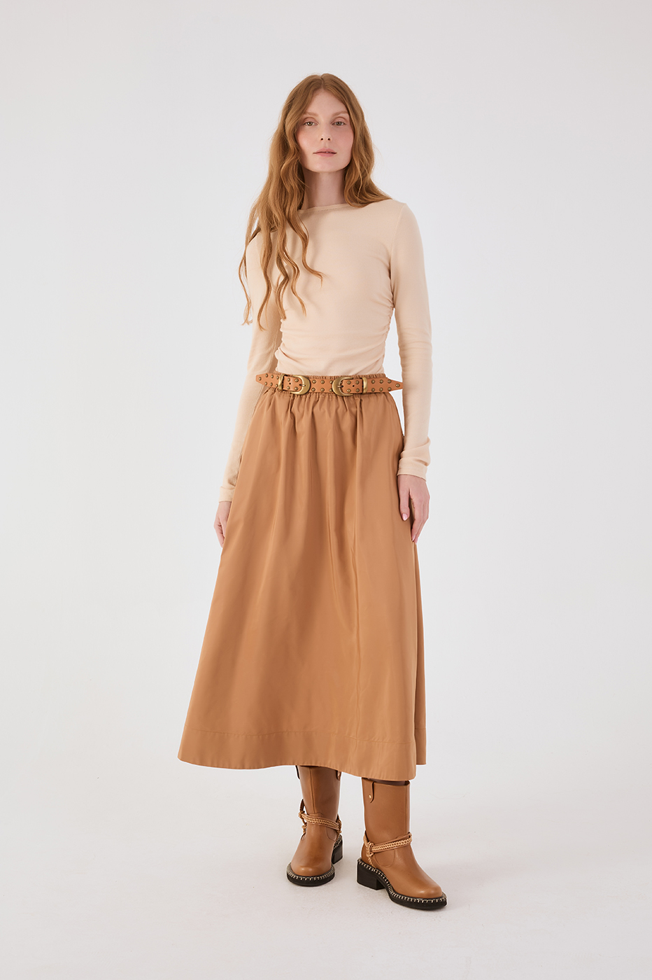 Beige Leme Elastic Waist Pockets Wide Maxi Skirt