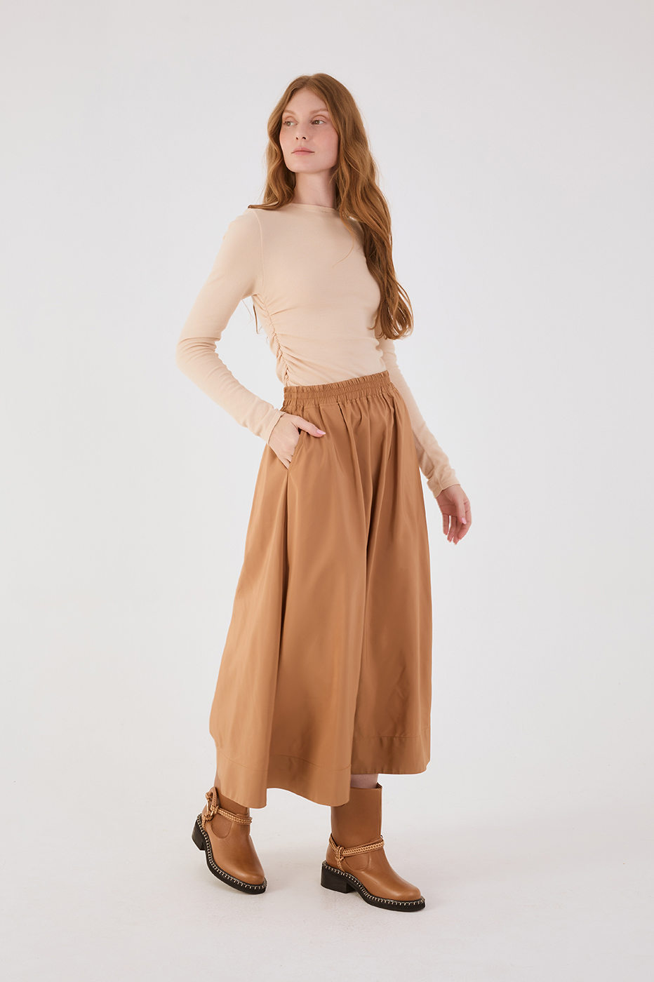 Beige Leme Elastic Waist Pockets Wide Maxi Skirt