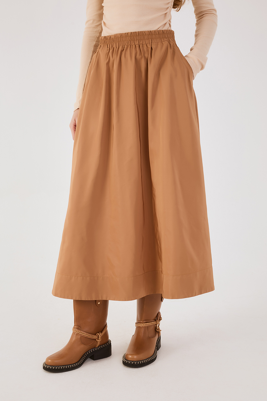Beige Leme Elastic Waist Pockets Wide Maxi Skirt