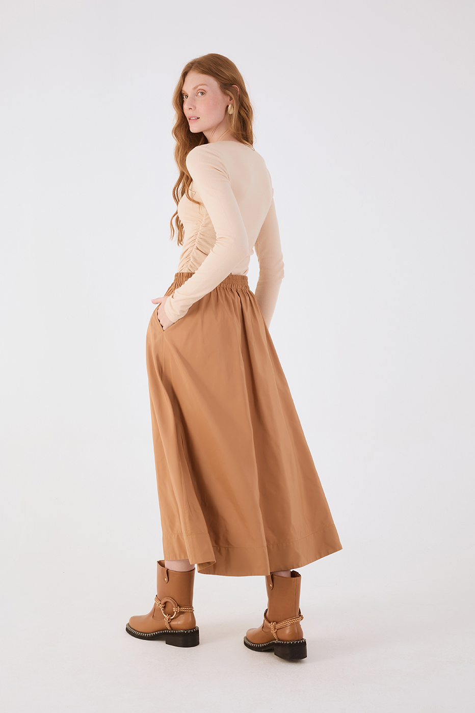 Beige Leme Elastic Waist Pockets Wide Maxi Skirt