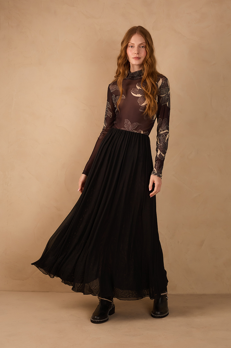 Black Elastic Waist Godet Maxi Skirt_1