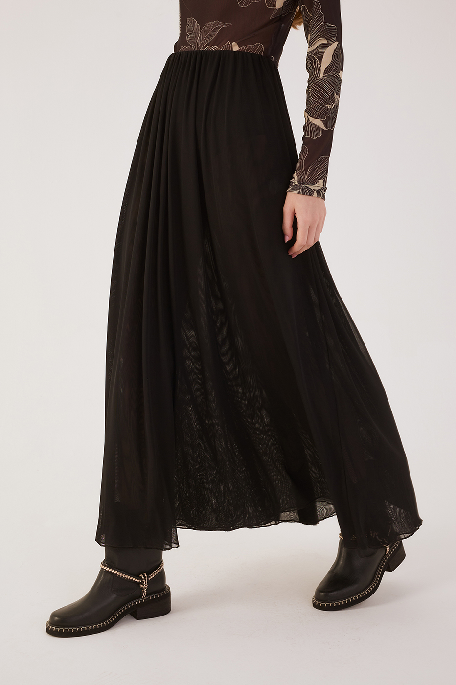 Black Elastic Waist Godet Maxi Skirt