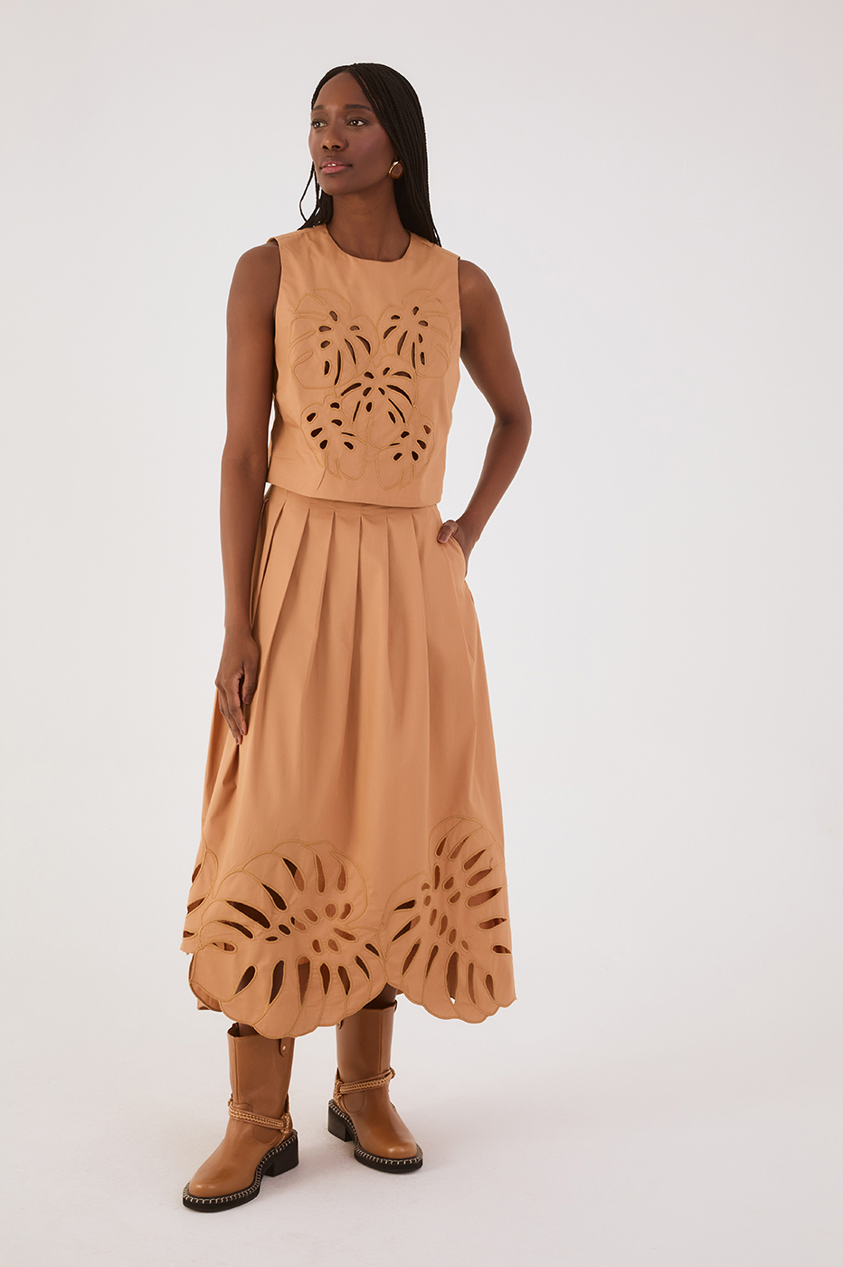 Beige Leme Folhagens Cut-Out Pleats Asymmetric Maxi Skirt_2