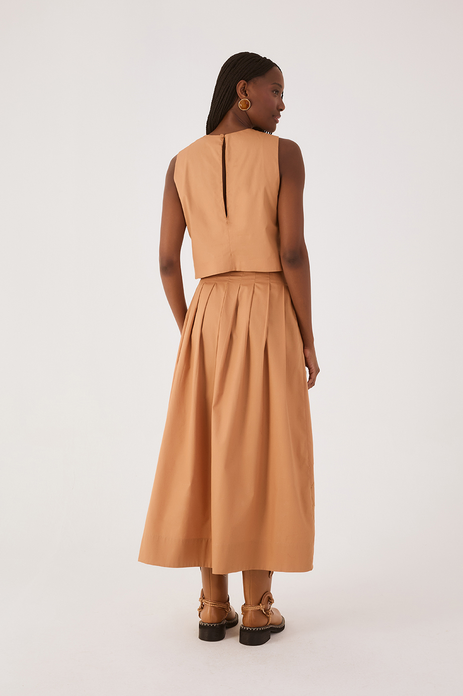 Beige Leme Folhagens Cut-Out Pleats Asymmetric Maxi Skirt_5
