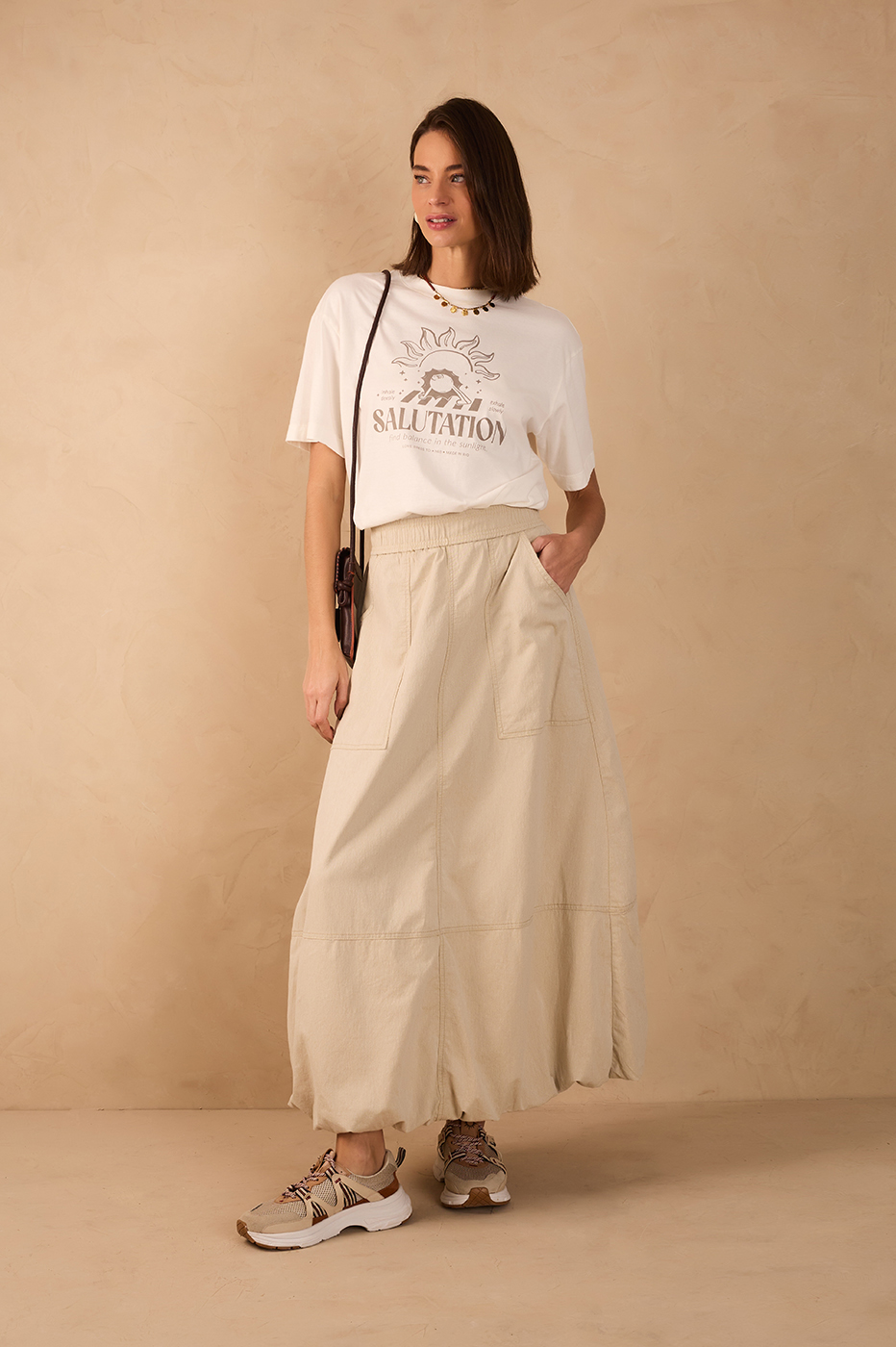 Beige Areia Pockets Elastic Waist Twill Balloon Maxi Skirt