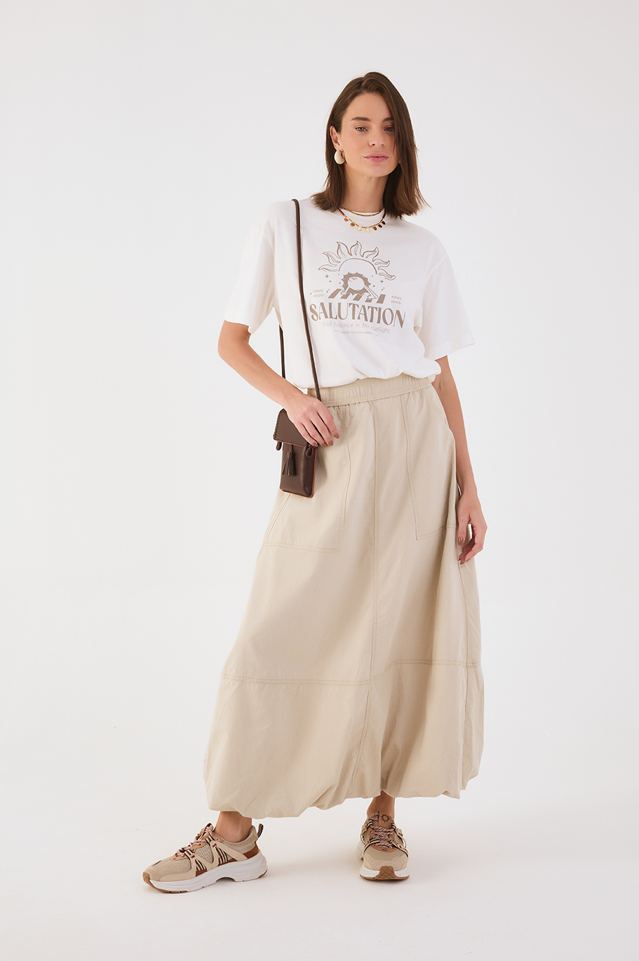 Beige Areia Pockets Elastic Waist Twill Balloon Maxi Skirt