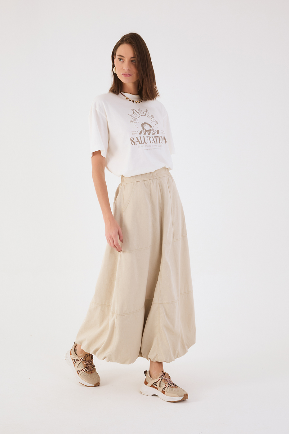Beige Areia Pockets Elastic Waist Twill Balloon Maxi Skirt